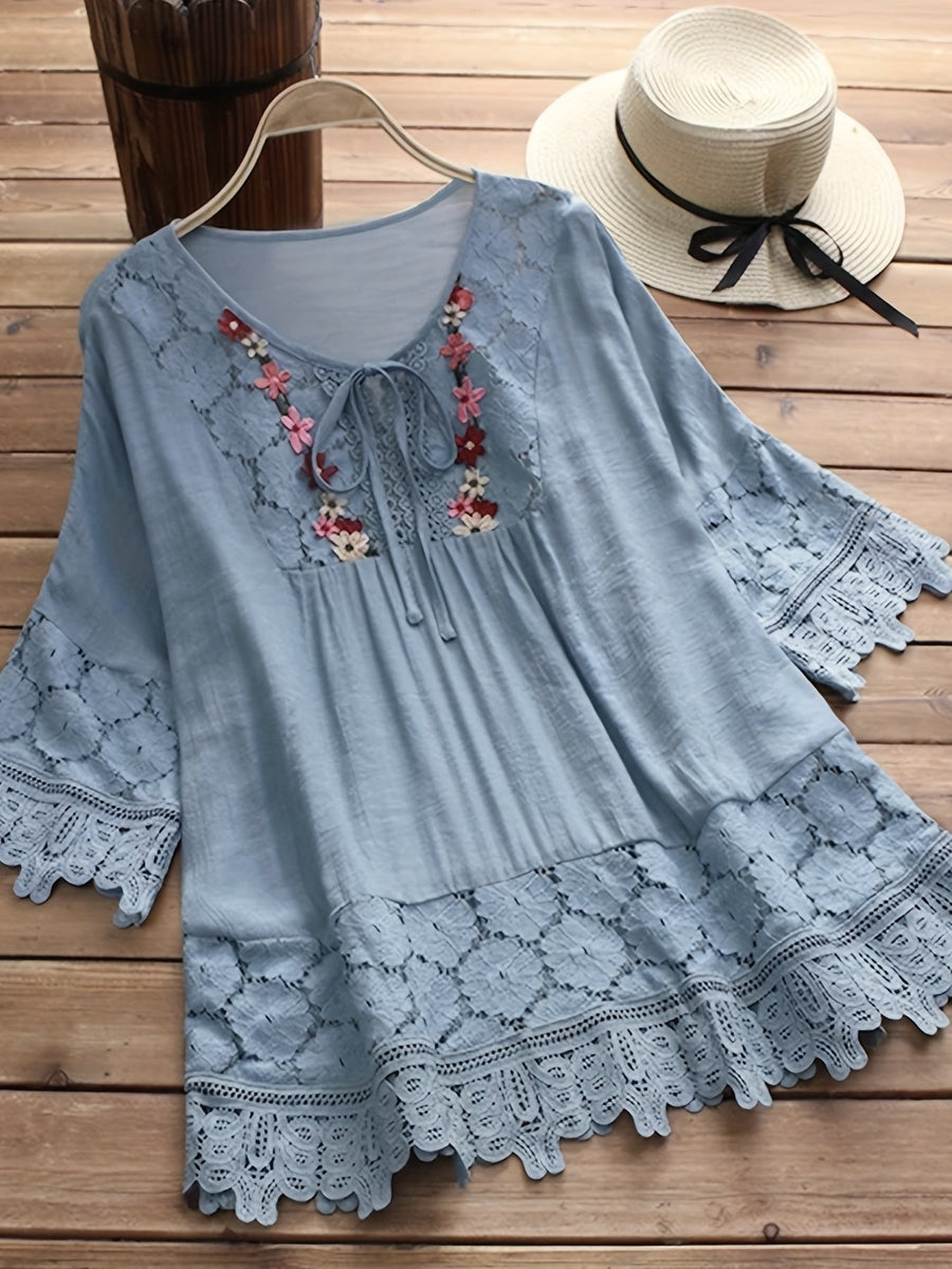 Camicetta elegante in pizzo patchwork con scollo a V